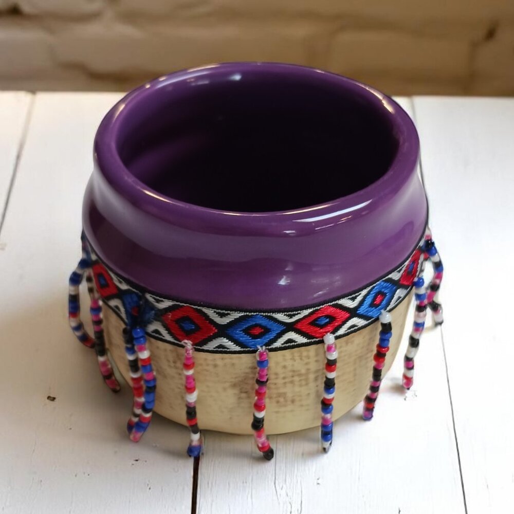 Artisan Beaded Pot –Ceramic Boho Folk Art Decor, Purple Glazed, Possibly Vintage